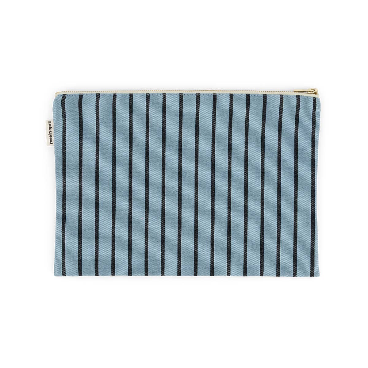 Blue pouch with black vertical stripes on a white background