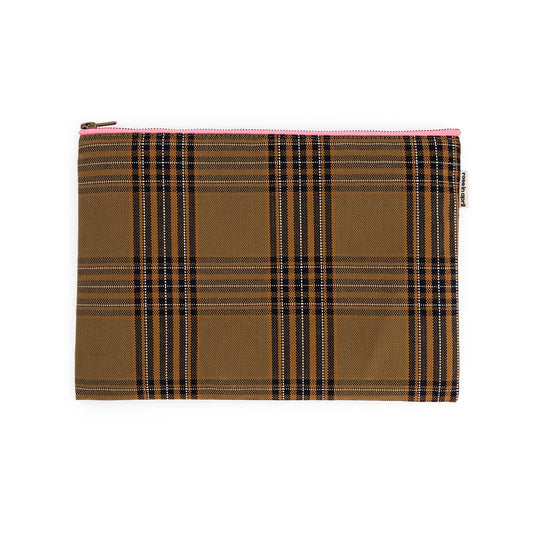 Plaid pouch with a pink zipper on a white background