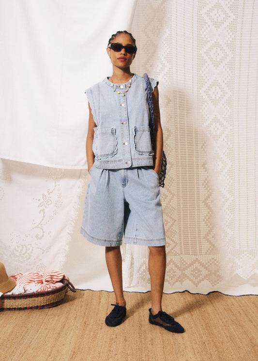 Person wearing a denim outfit with sunglasses against a textured white wall.