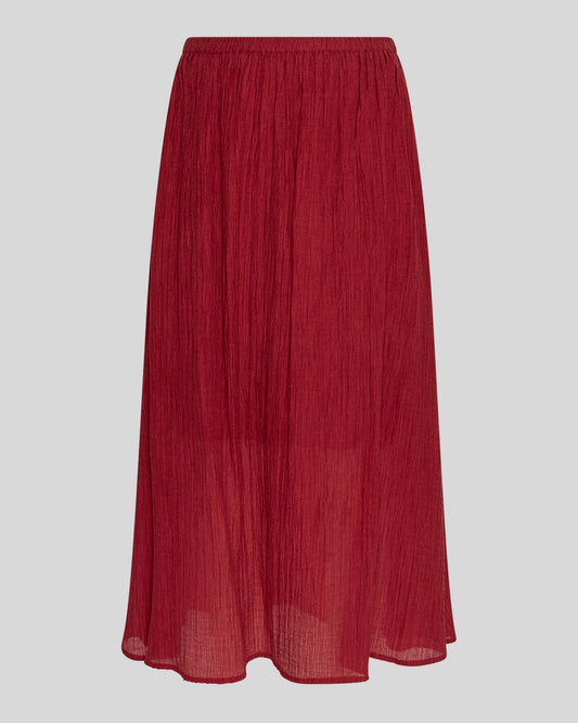 A pleated midi skirt in a deep red or burgundy crinkled fabric, shown against a solid light gray background.