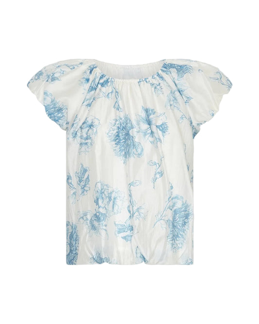white and blue floral top on a light grey background