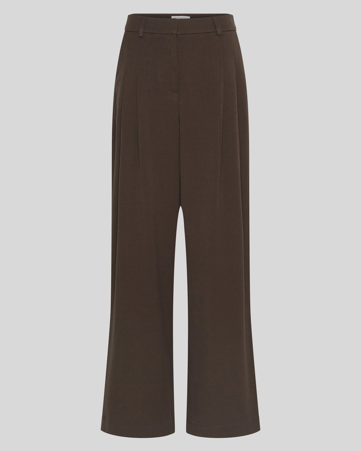A pair of dark brown wide-leg trousers shown flat against a solid light gray background.
