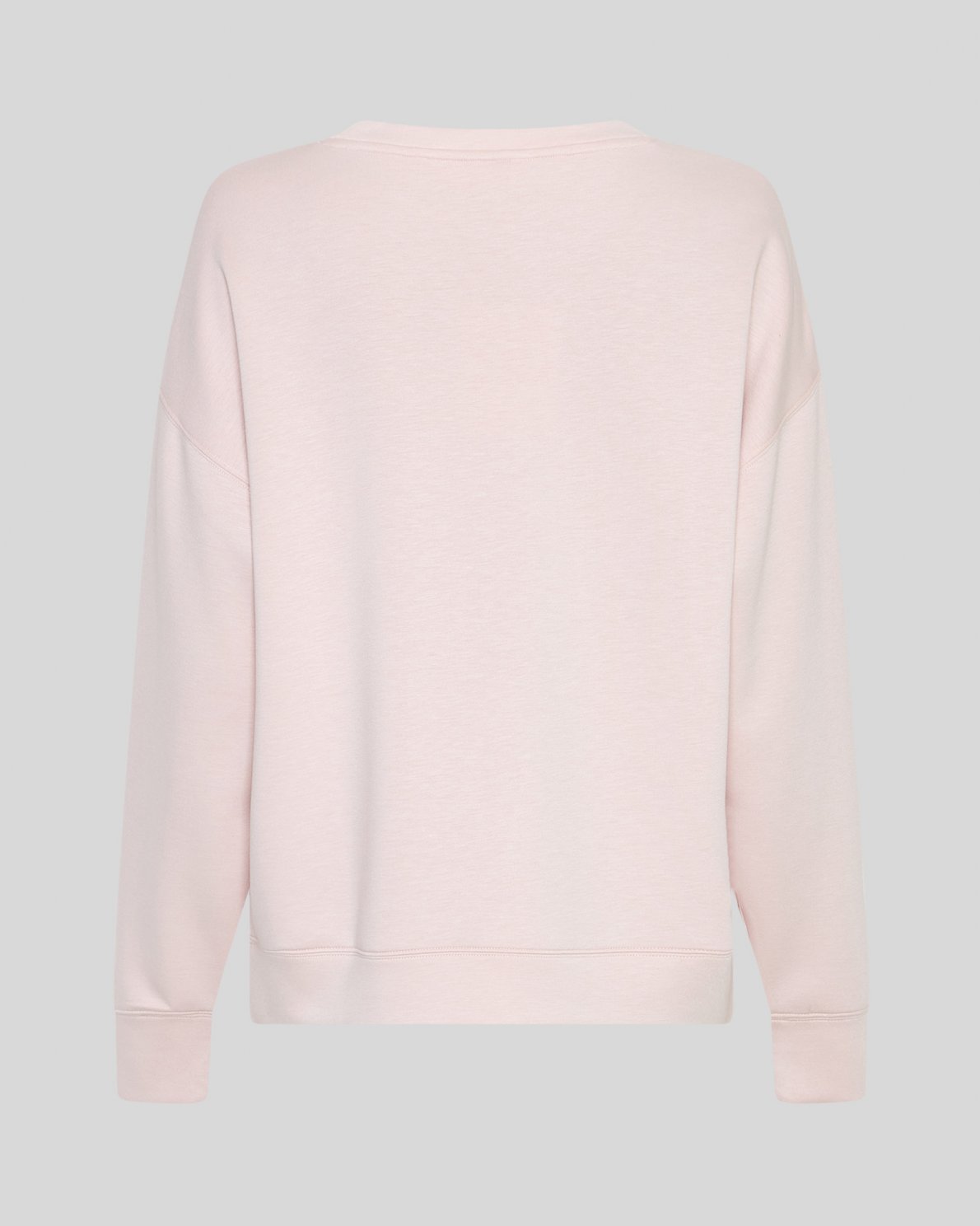 A light pink crewneck sweatshirt shown from the back, displayed on a neutral light gray background.