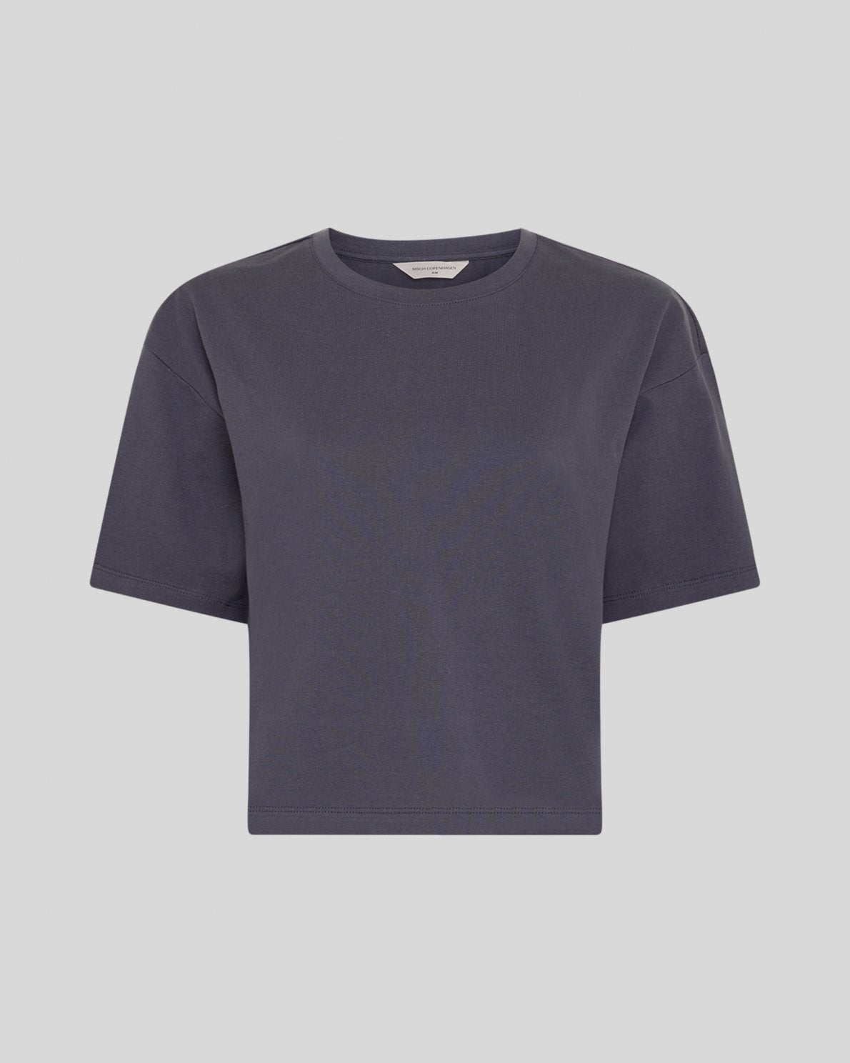 A dark slate gray short-sleeve crewneck t-shirt, presented flat against a solid light gray background.