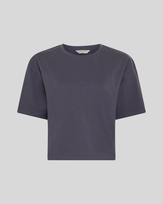 A dark slate gray short-sleeve crewneck t-shirt, presented flat against a solid light gray background.