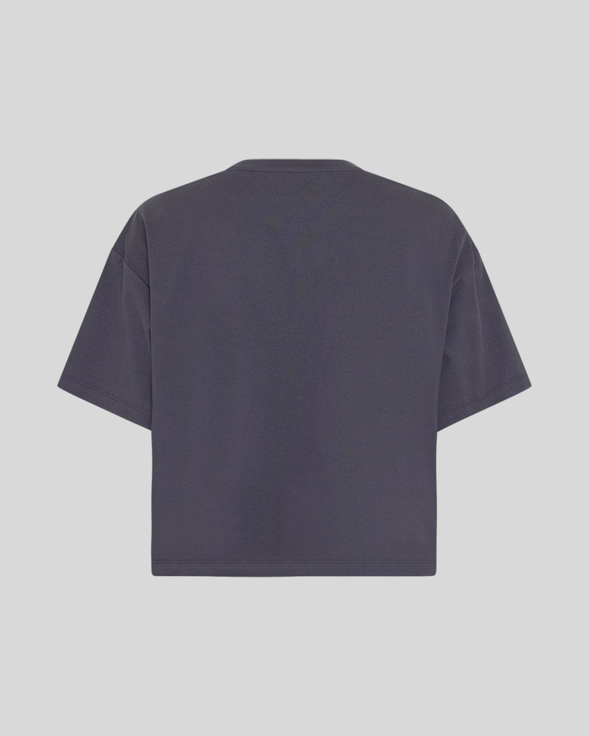A dark slate gray short-sleeve t-shirt shown from the back, centered on a solid light gray background.