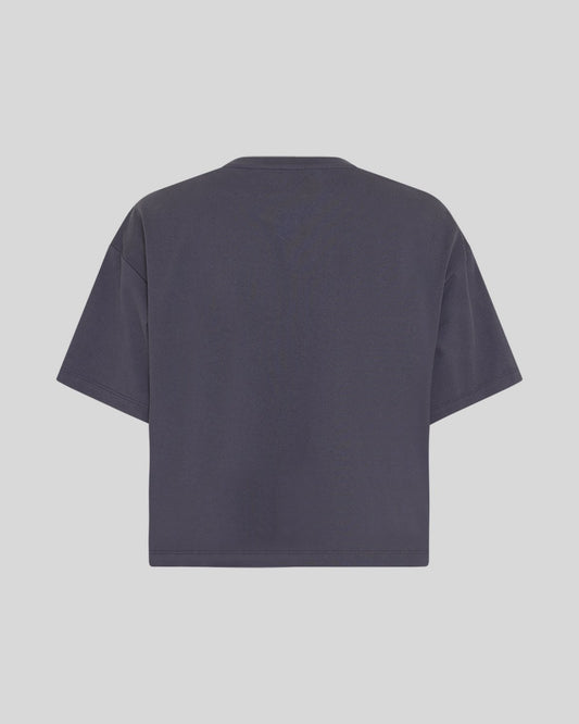 A dark slate gray short-sleeve t-shirt shown from the back, centered on a solid light gray background.