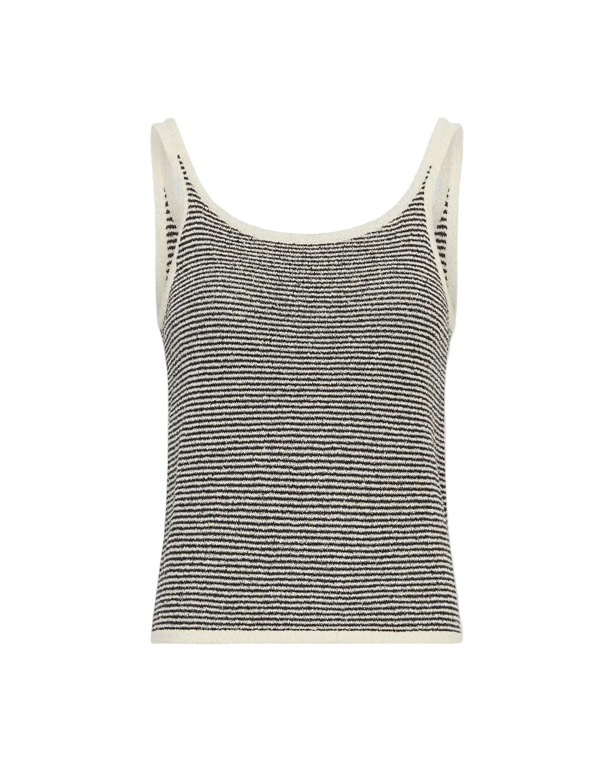 black and cream stripe knit vest on a light grey background