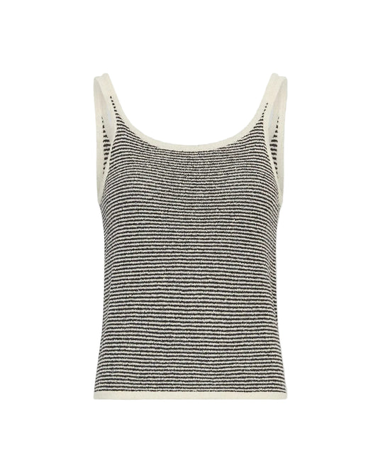 black and cream stripe knit vest on a light grey background