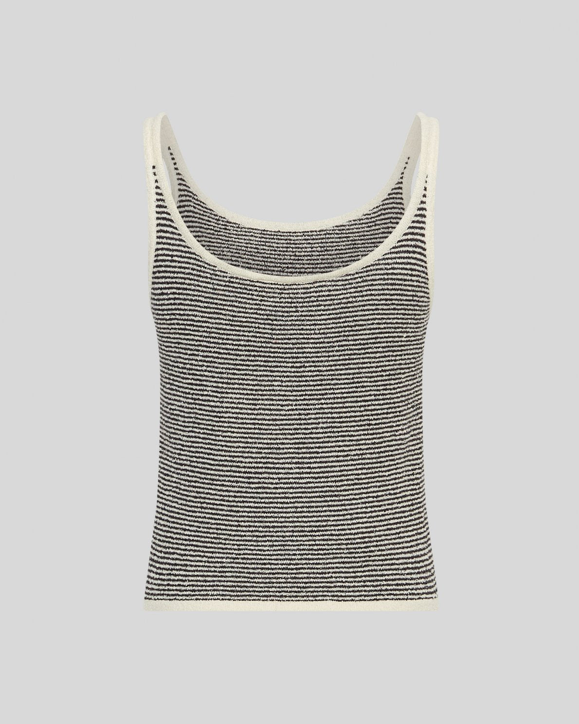 black and cream stripe knit vest on a light grey background