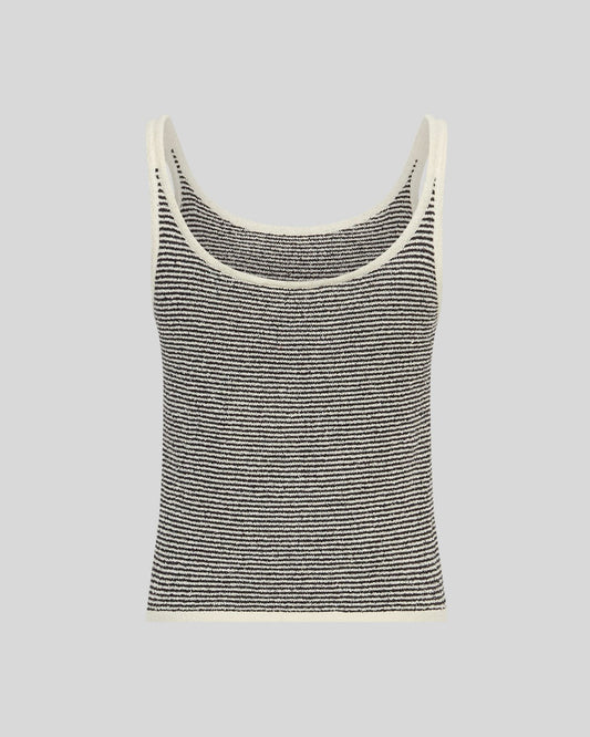 black and cream stripe knit vest on a light grey background