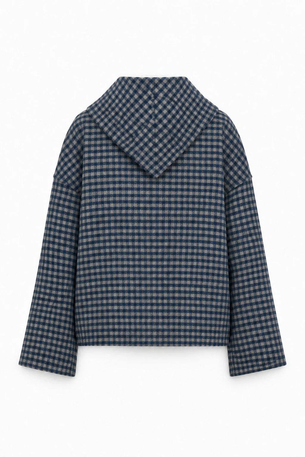 A cropped, long-sleeve jacket with a wide collar, featuring a navy blue and beige gingham check pattern, shown against a plain white background.