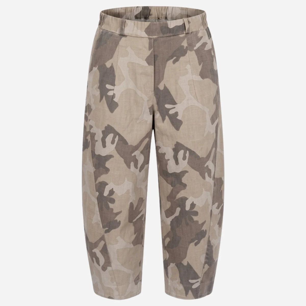 A pair of loose-fitting cropped pants featuring a classic desert camouflage pattern in shades of beige, brown, and gray, shown against a plain light gray background.
