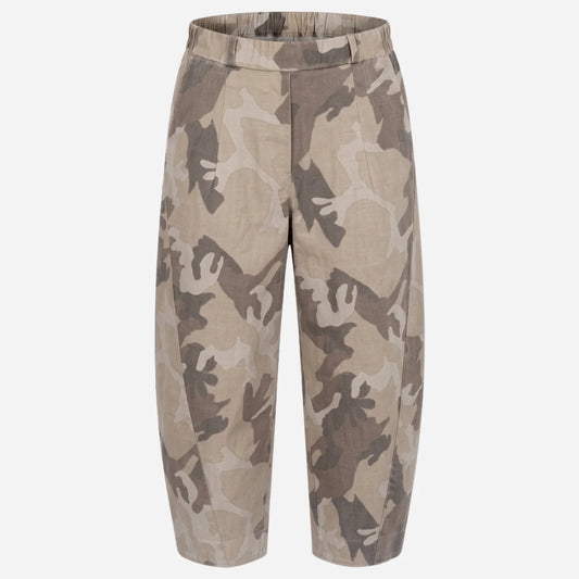 A pair of loose-fitting cropped pants featuring a classic desert camouflage pattern in shades of beige, brown, and gray, shown against a plain light gray background.