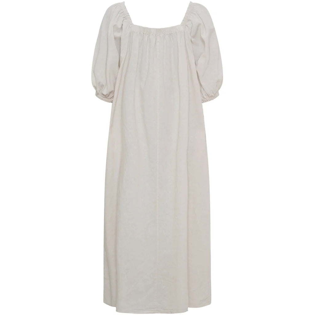 An off-white linen midi dress with a square neckline, smocked bodice, and voluminous puff sleeves, shown against a plain white background.
