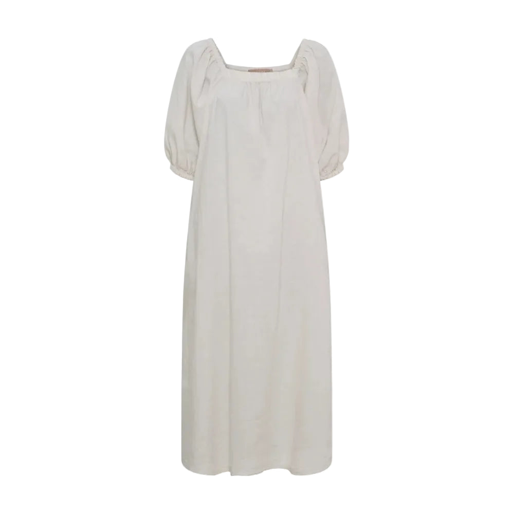 An off-white linen dress with a square neckline, smocked shoulders, and short puff sleeves, shown against a plain white background.