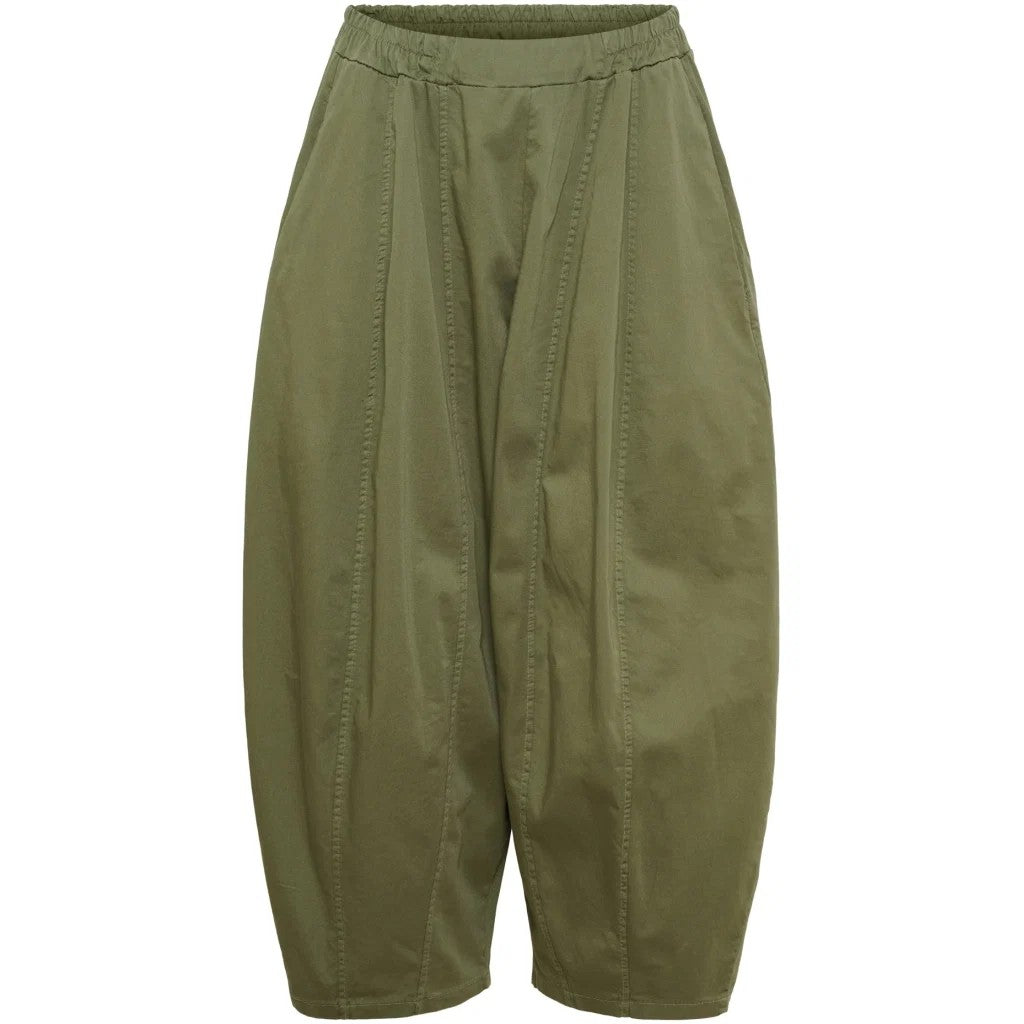 Olive green wide-leg cropped pants with a high waist and front seam detailing, shown against a plain white background.