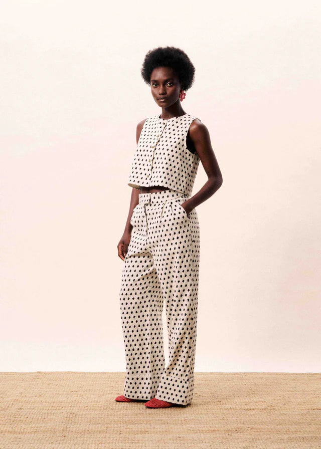 Person wearing a polka dot outfit with a white background