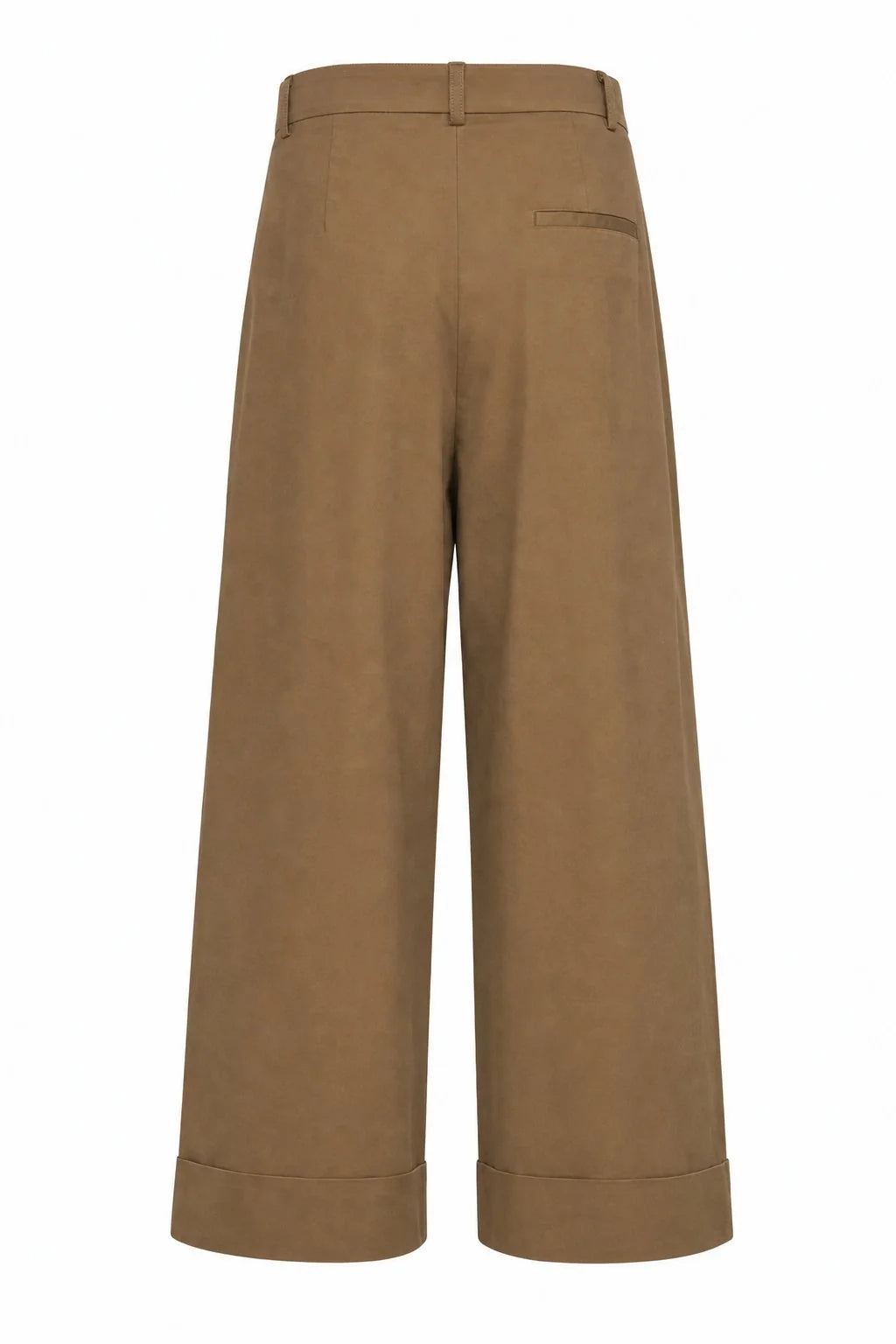 A pair of wide-leg cropped trousers in a warm camel brown color, shown from the back against a plain white background.