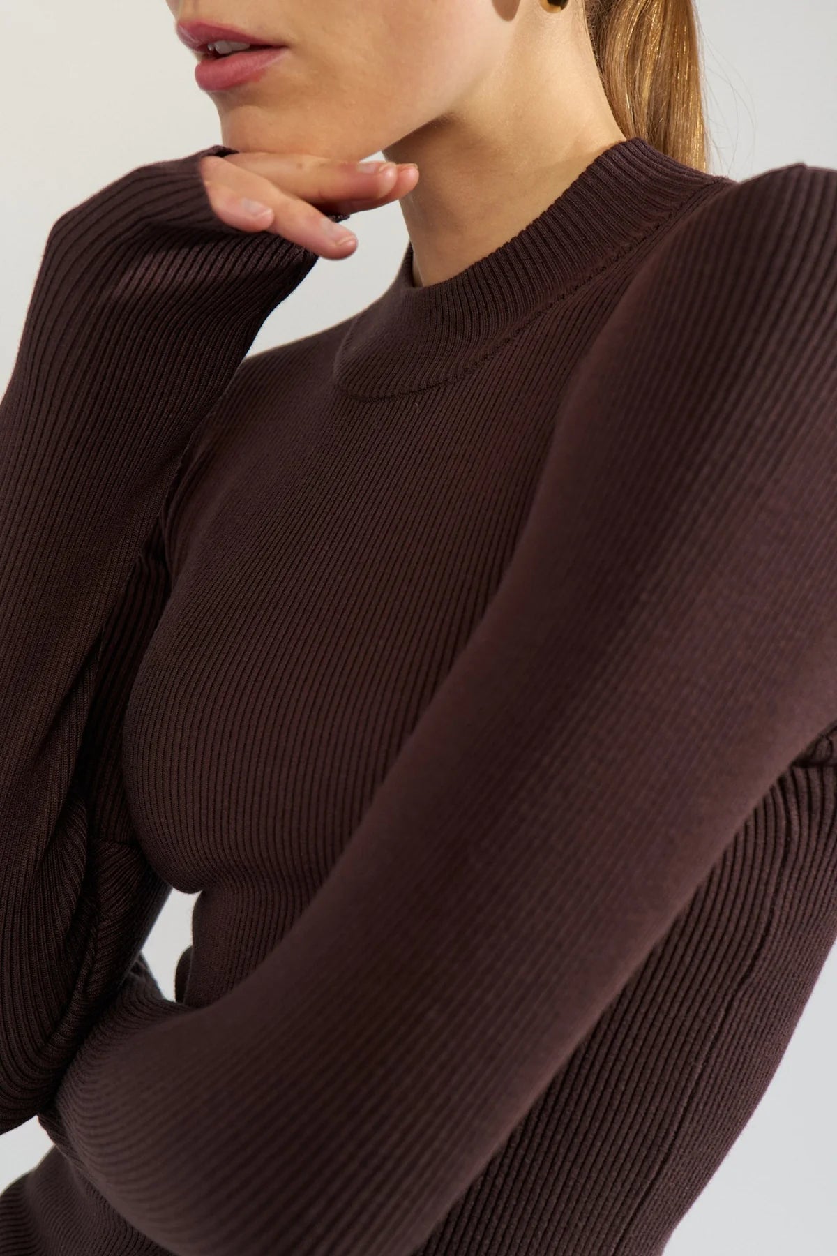 Close-up of a model wearing a dark brown ribbed knit sweater with long sleeves and a crew neck, against a plain light background.
