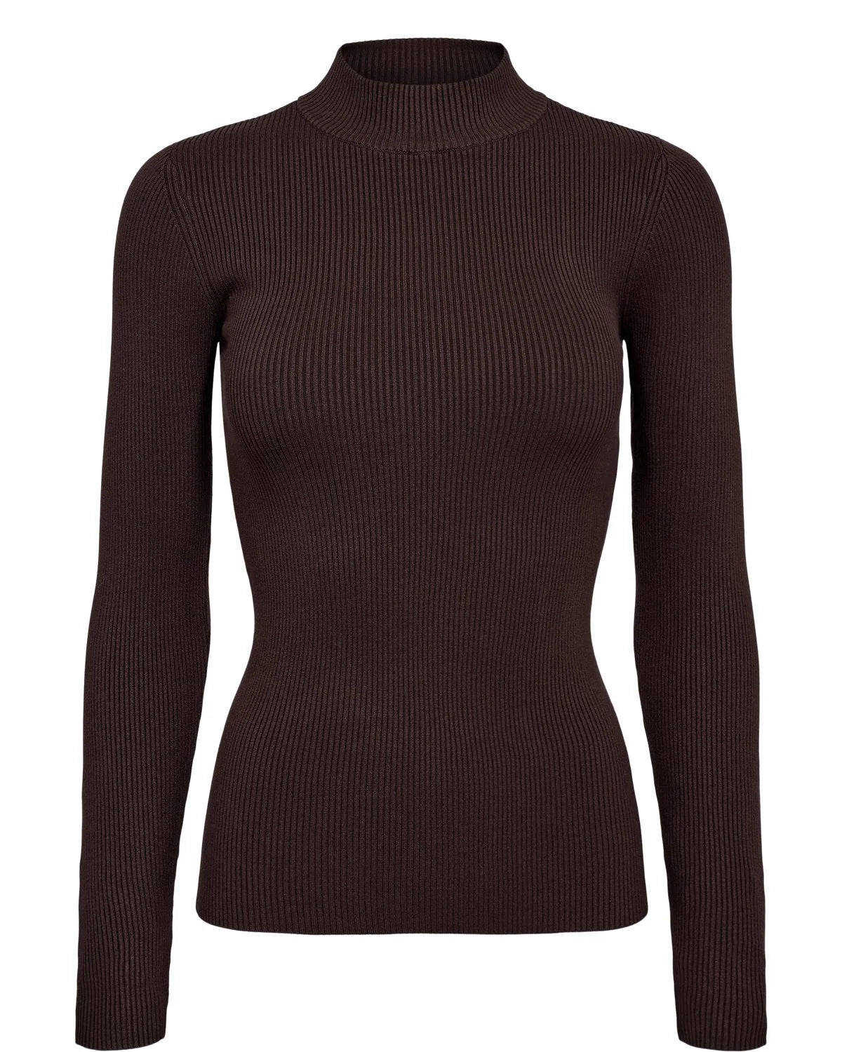 A dark brown ribbed long-sleeve mock neck sweater displayed on a ghost mannequin against a plain white background.