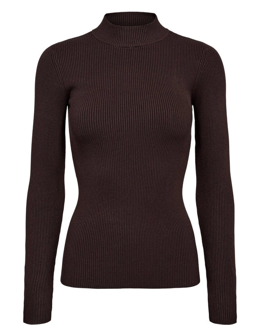 A dark brown ribbed long-sleeve mock neck sweater displayed on a ghost mannequin against a plain white background.