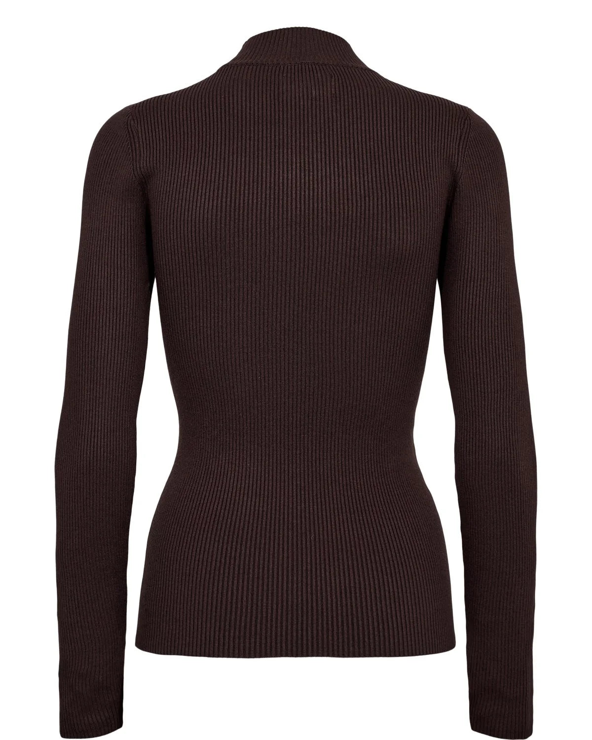 A dark brown ribbed long-sleeve mock neck sweater shown from the back on a white background.