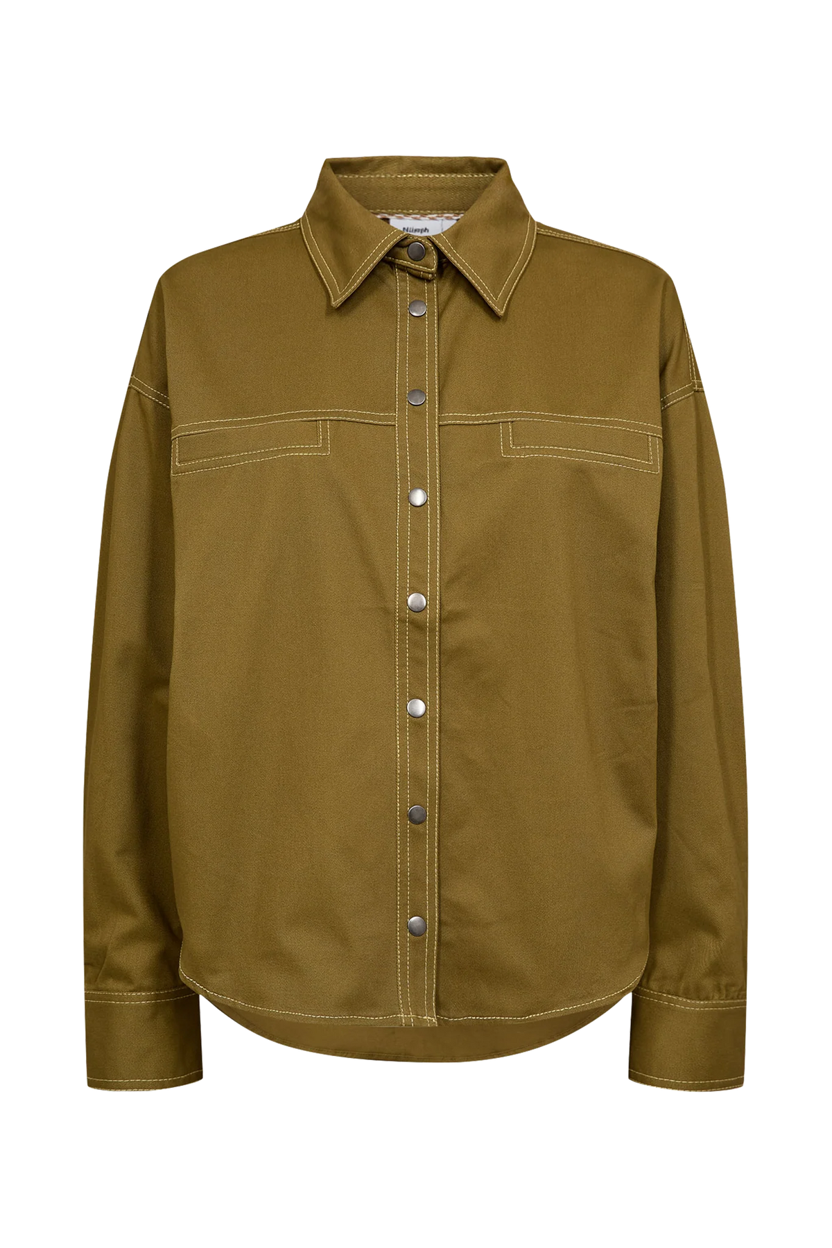 An olive green long-sleeve button-up shirt with contrast stitching, two chest pockets, and silver buttons, shown against a plain white background.