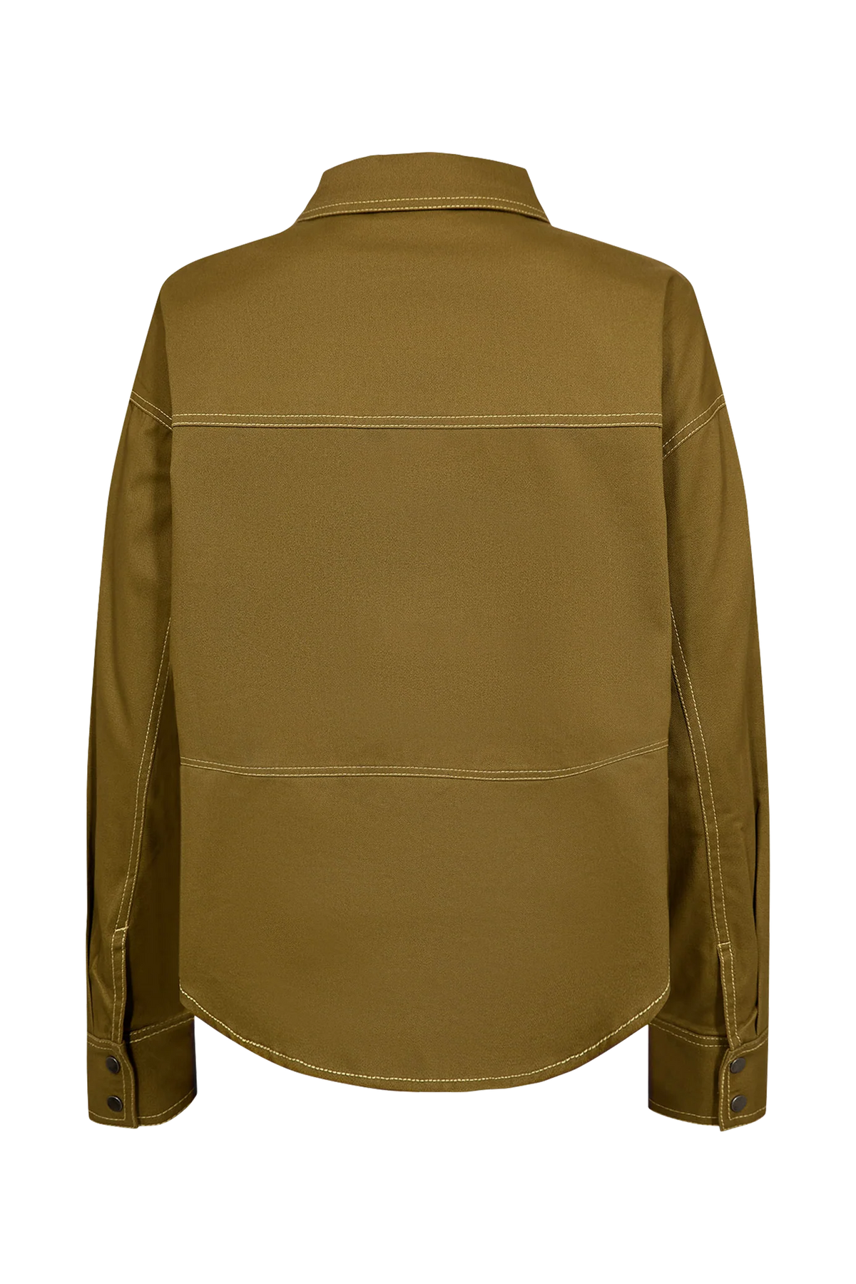 A long-sleeve button-up shirt shown from the back, in a solid olive-brown color with matching contrast stitching, displayed on a clean white background.