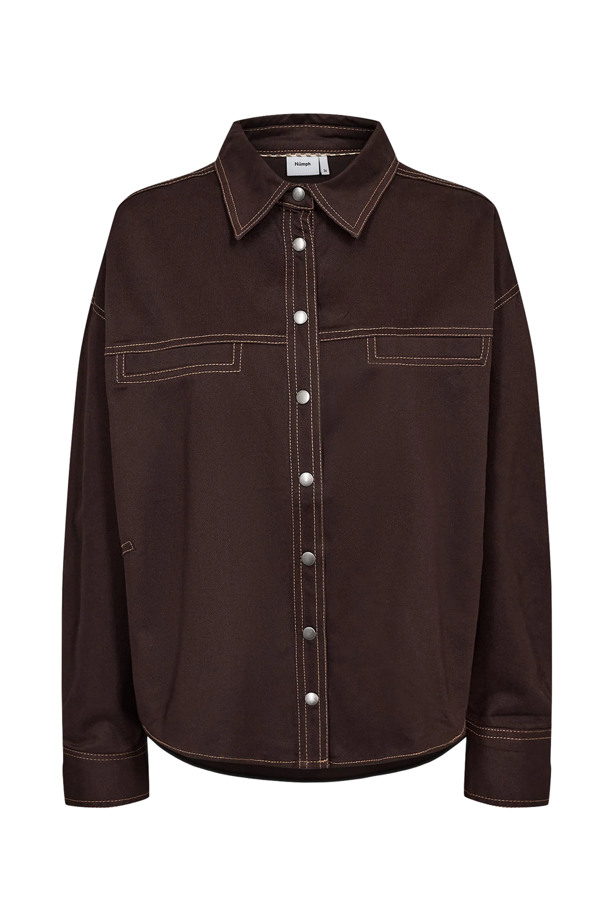 A dark brown button-up shirt jacket with contrasting light brown stitching, featuring a pointed collar, silver snap buttons, and two chest flap pockets, shown against a plain white background.