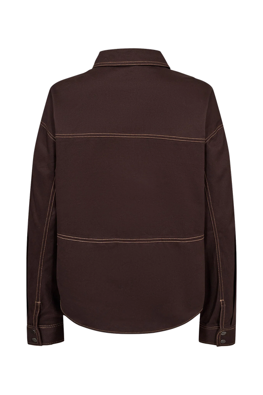 A dark brown long-sleeve button-up shirt shown from the back, featuring contrasting light brown stitching across the back and cuffs, set against a plain white background.