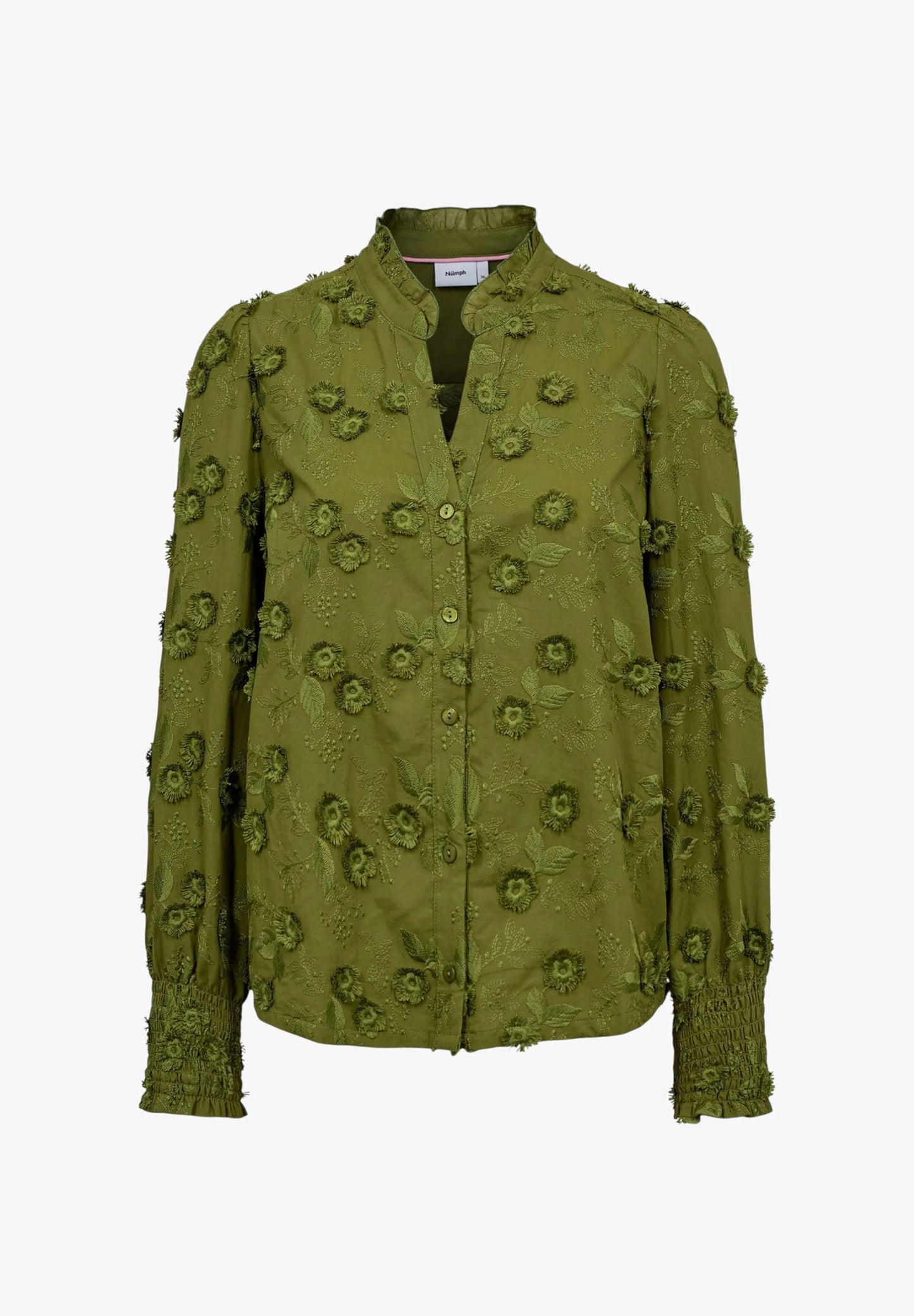An olive green long-sleeve button-up blouse with 3D floral applique details, shown against a plain light gray background.