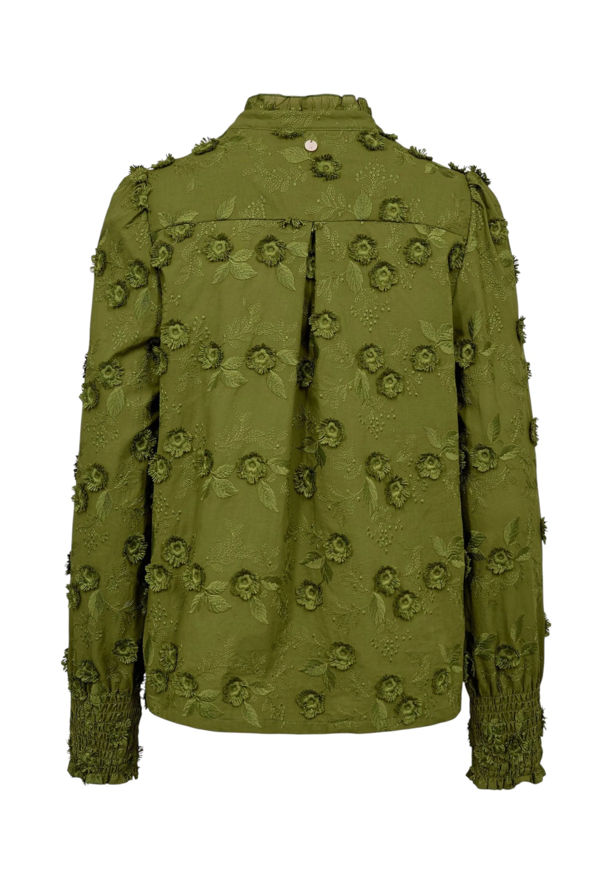 An olive green textured jacket with 3D floral appliques and ruffled trim on the sleeves and shoulders, shown from the back against a plain white background.