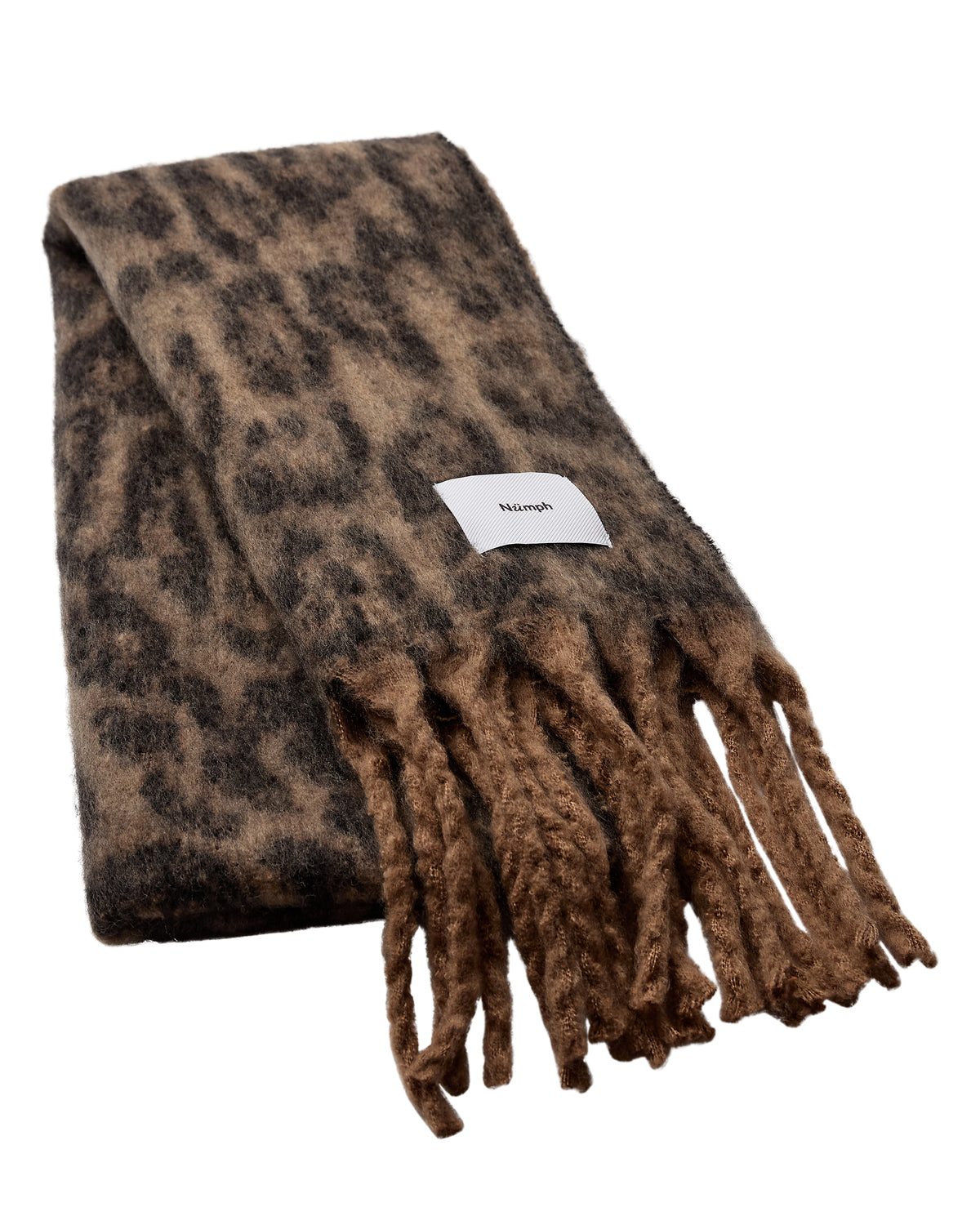A brown and black leopard-print knit scarf with tassel fringe, featuring a small white brand label that reads 'Mishka'.