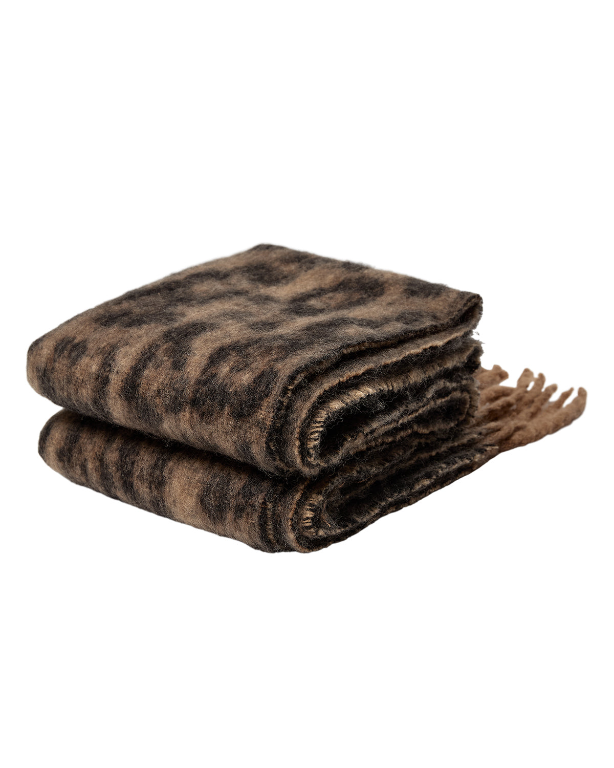 A folded brown and black patterned throw blanket with fringed edges, shown on a plain white background.