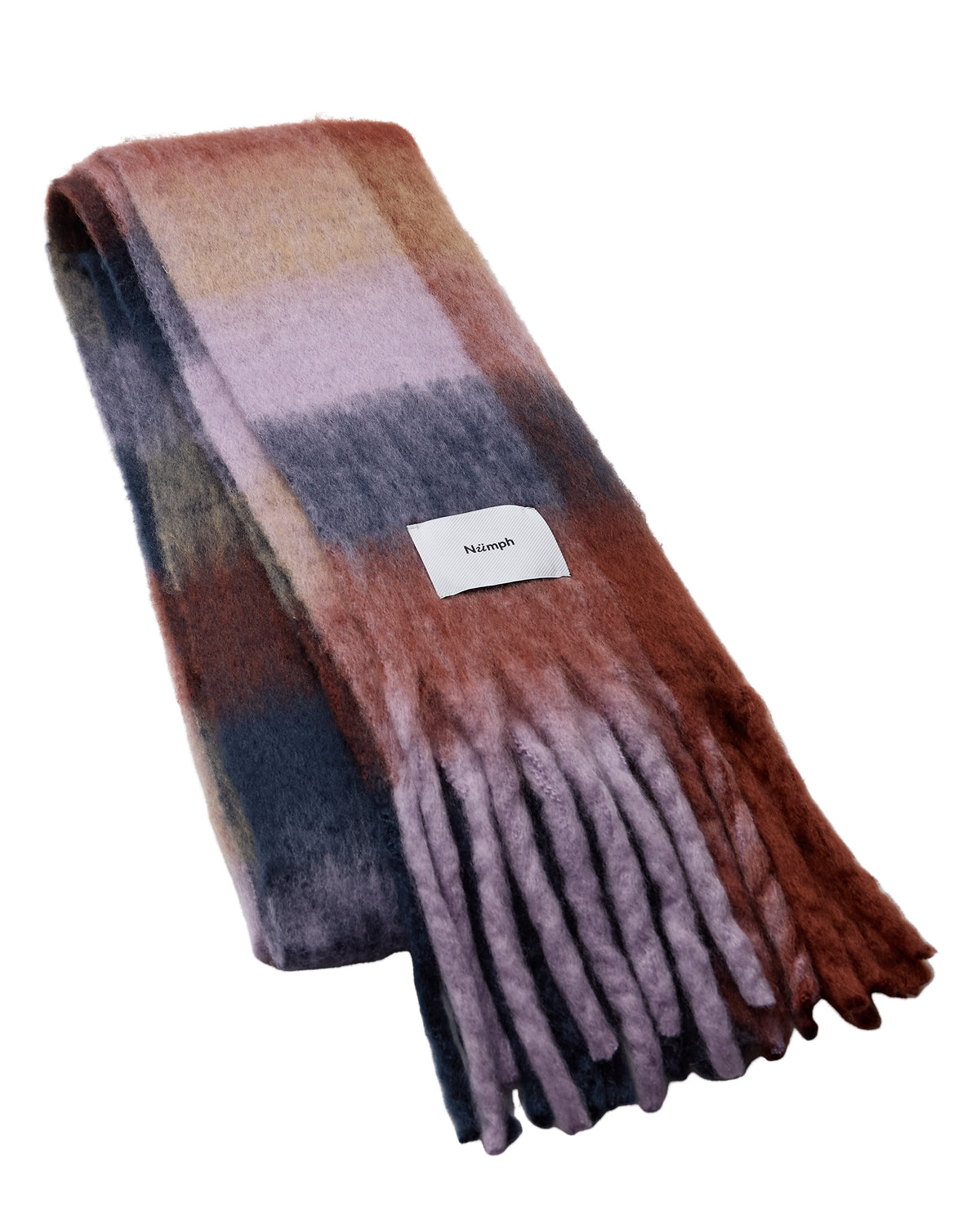 Multicolored scarf with a brand label on a white background