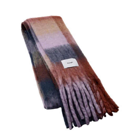 Multicolored scarf with a brand label on a white background