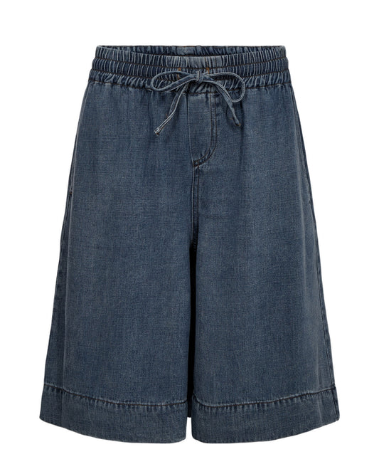 Blue denim shorts with a drawstring on a white background