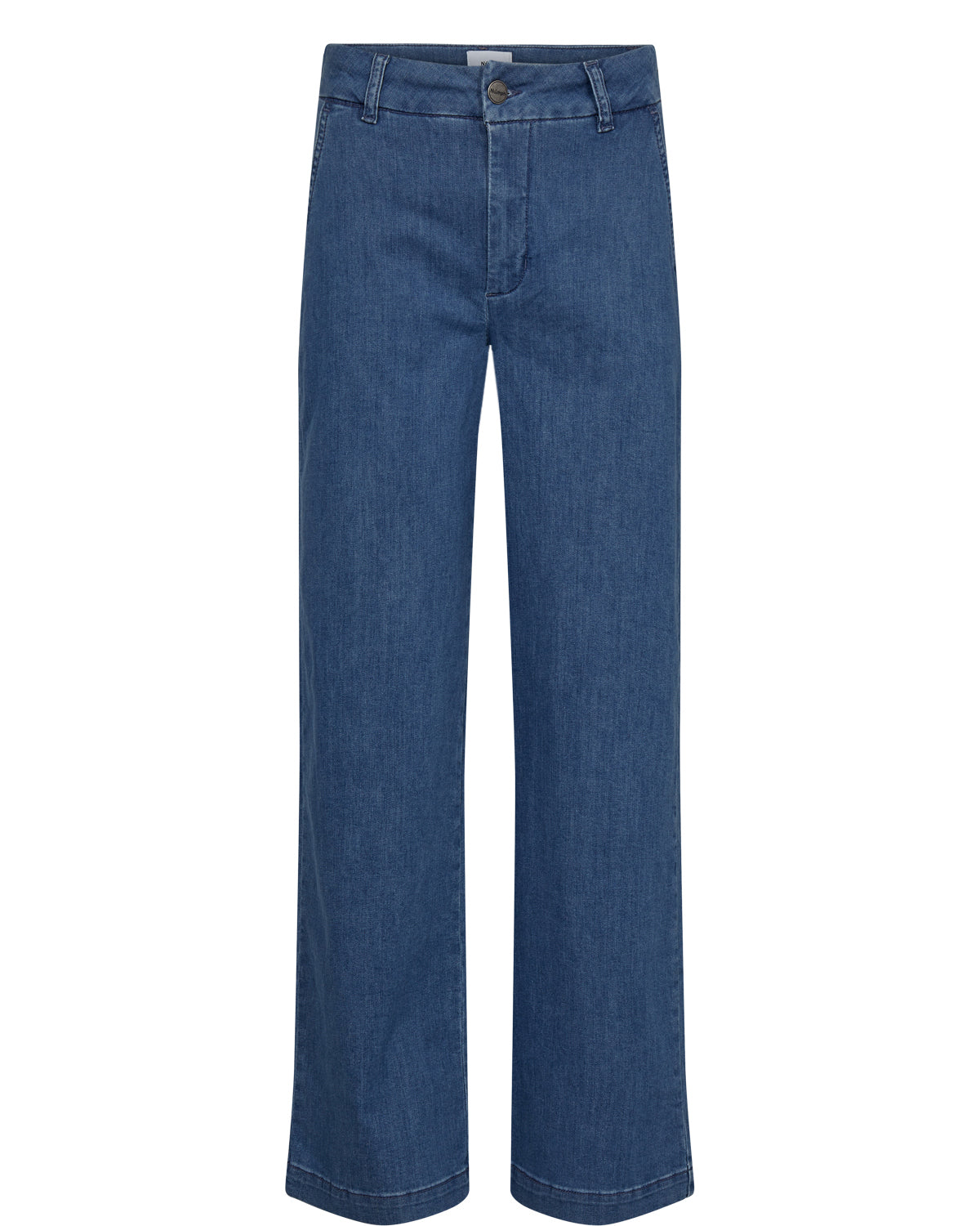 A pair of blue denim trousers with a mid-rise waist and a straight leg fit.
