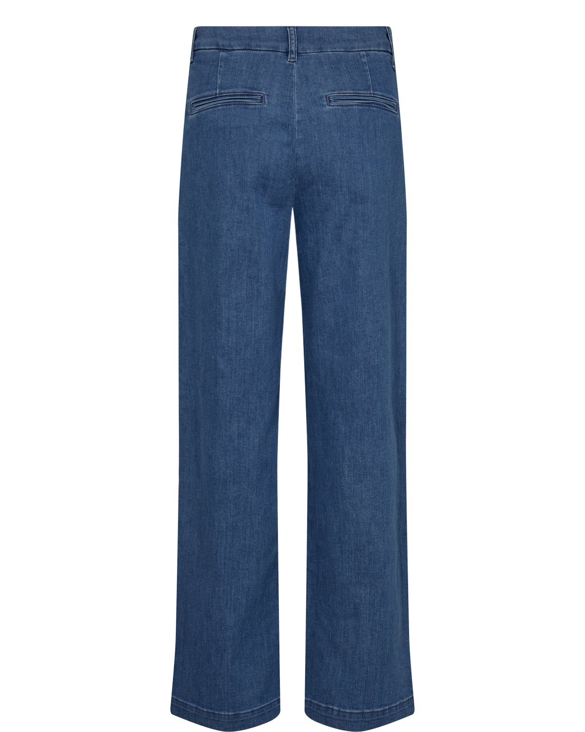 A pair of blue denim trousers with a mid-rise waist and a straight leg fit.