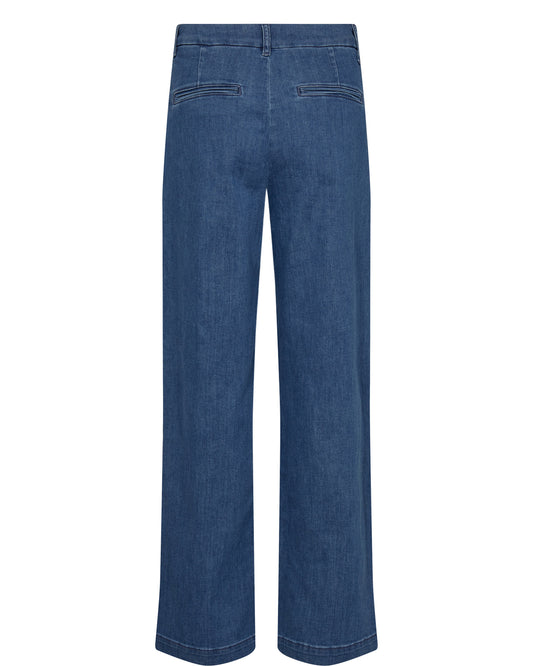 A pair of blue denim trousers with a mid-rise waist and a straight leg fit.