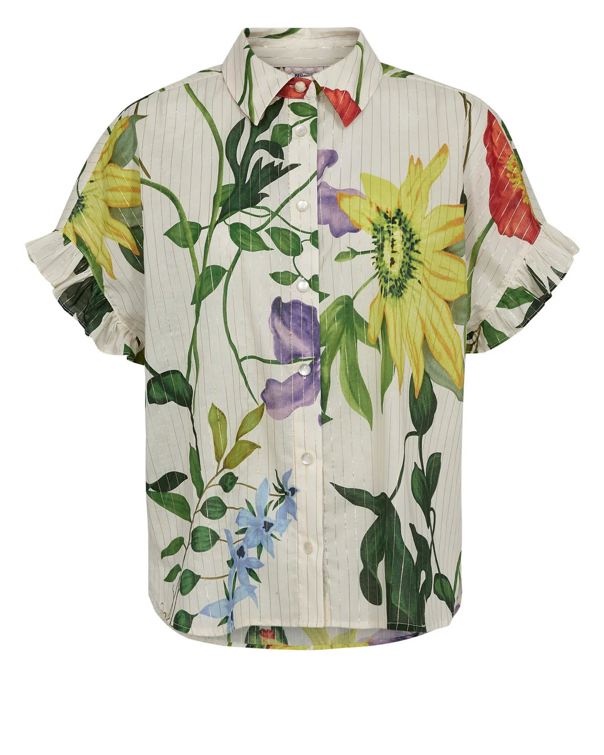 Floral short sleeve blouse with floral detail on a white background