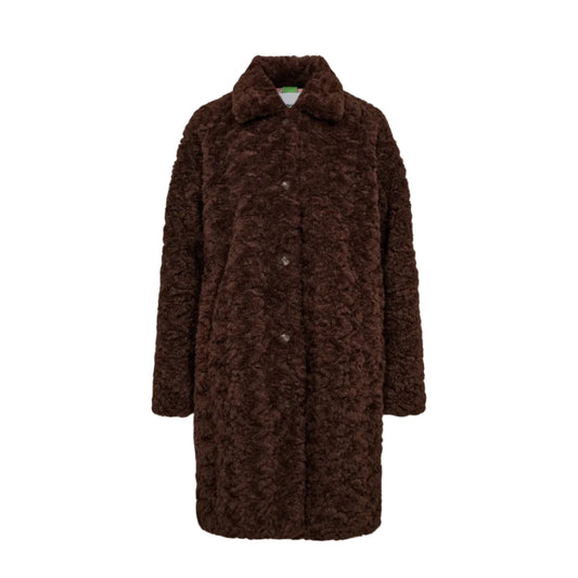 A dark brown textured faux fur coat with a collar and front buttons, shown against a plain white background.