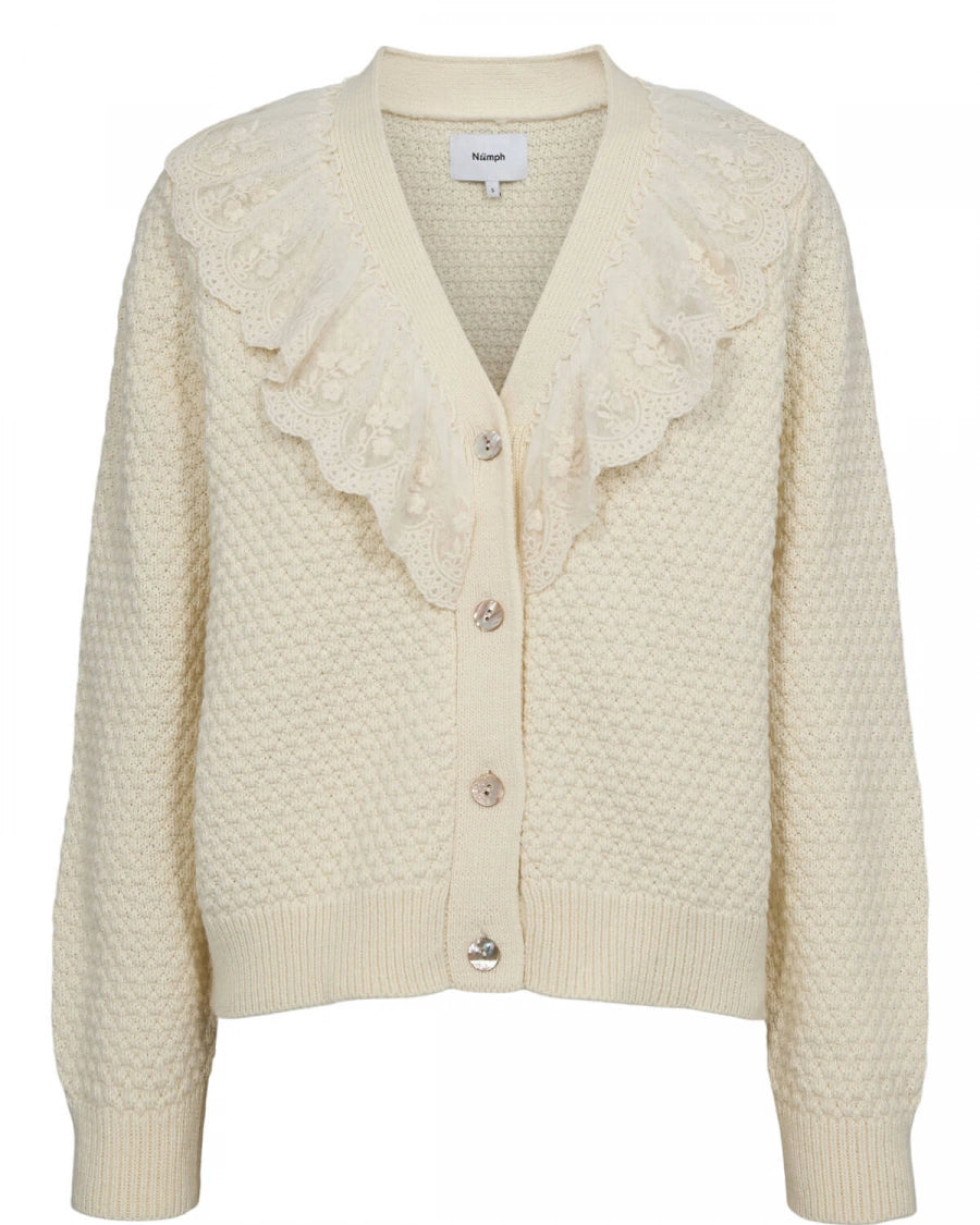 Cream-colored cardigan with lace details on a white background