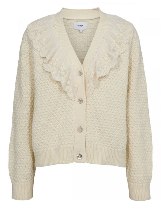 Cream-colored cardigan with lace details on a white background