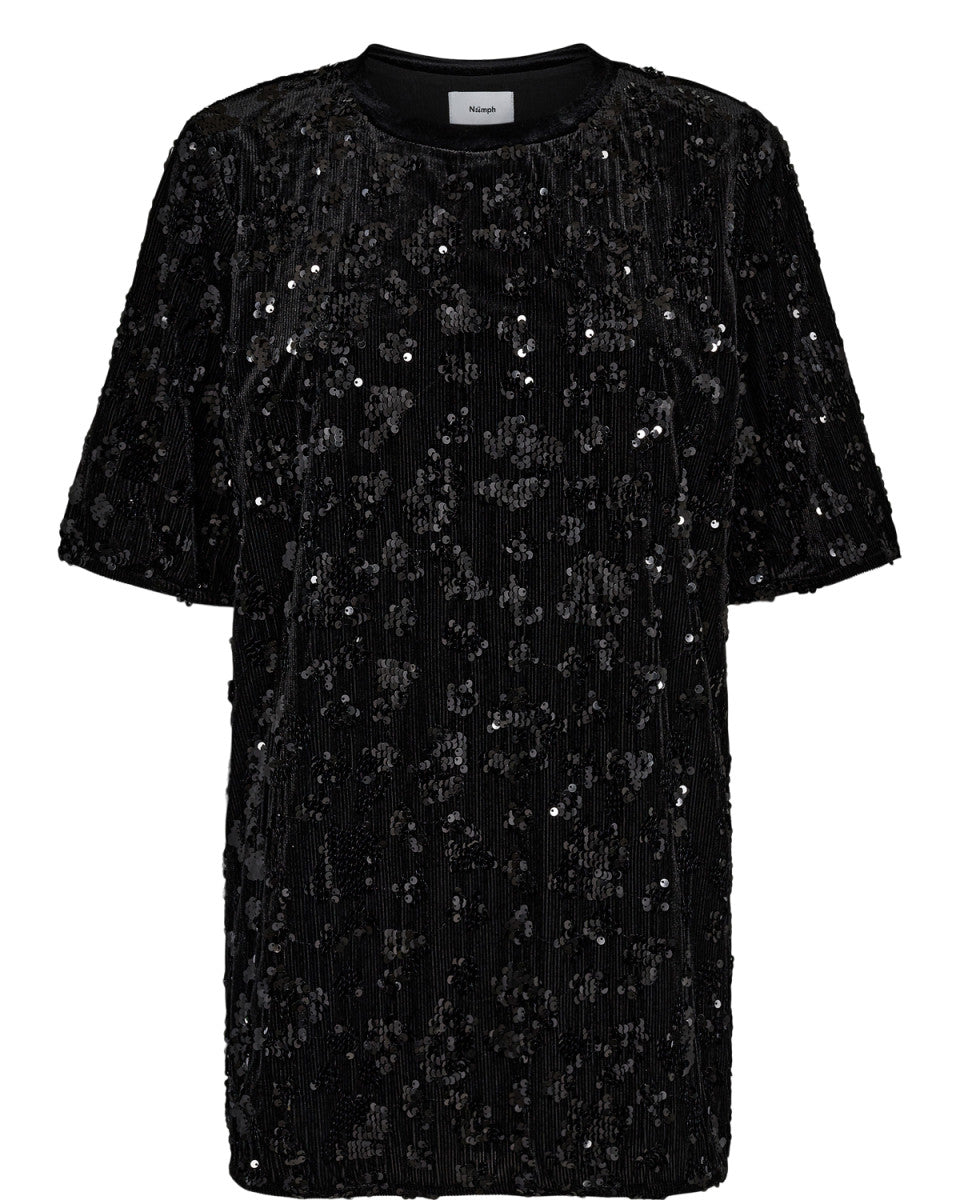 Black sequin dress on a white background