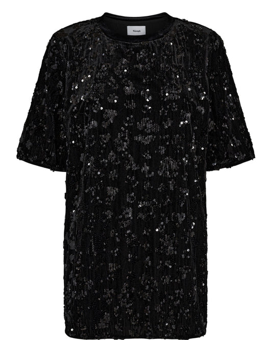 Black sequin dress on a white background