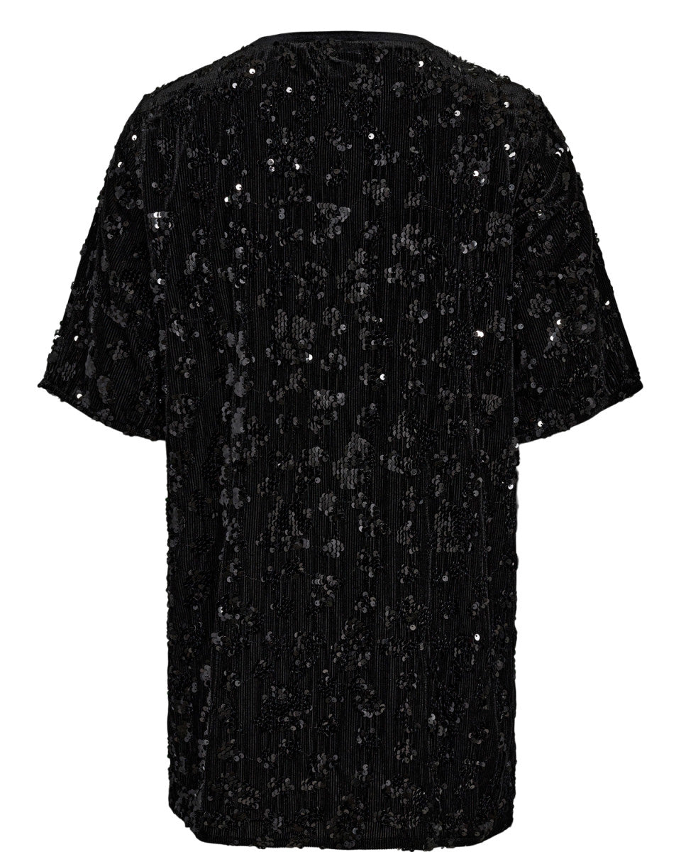 Black sequin top on a white background
