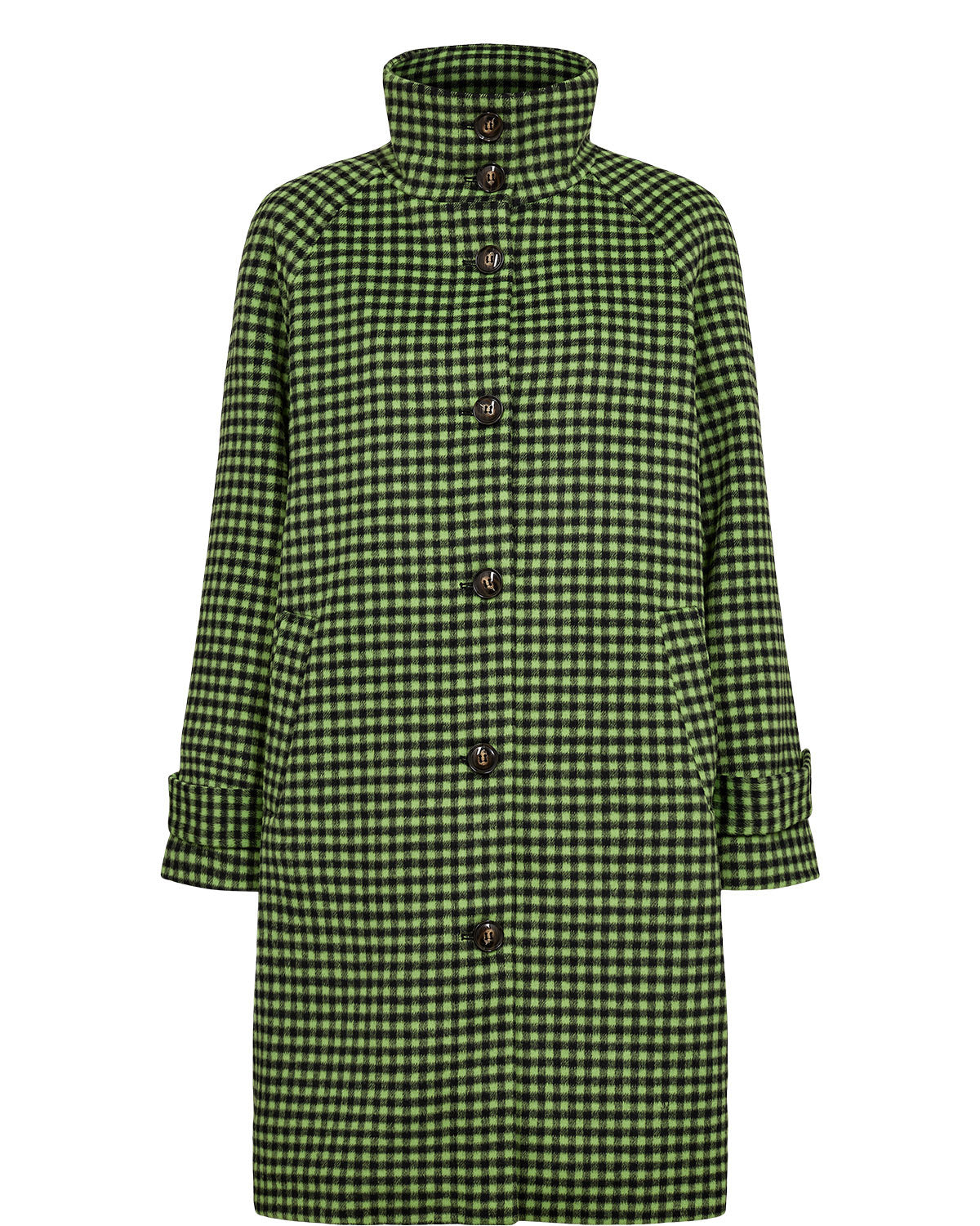 A green and black gingham check mid-length coat with a high stand collar and front buttons, shown on a plain white background.