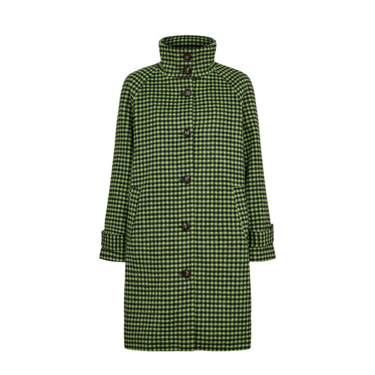 A green and black gingham check mid-length coat with a high stand collar and front buttons, shown on a plain white background.